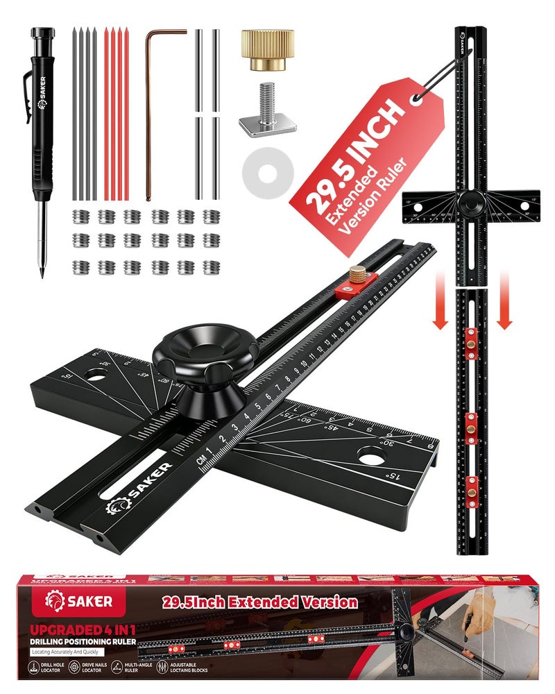 Saker 4-in-1 Scriber Marking Line Ruler, 29.5in Spliceable Extended T Square, Precision Line Drawing & Drilling Positioning Tool, Cabinet Hardware Jig with Angle Adjustment for Woodworking - Image 1