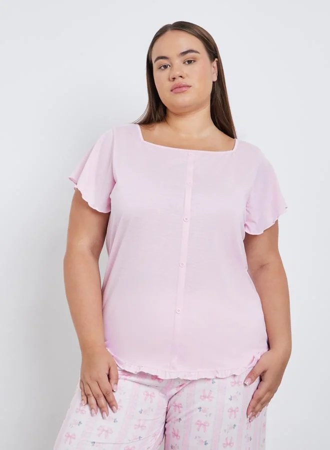 Styli Styli Plus Square Neck Lettuce Hem Top and Bow Print Pyjama Set