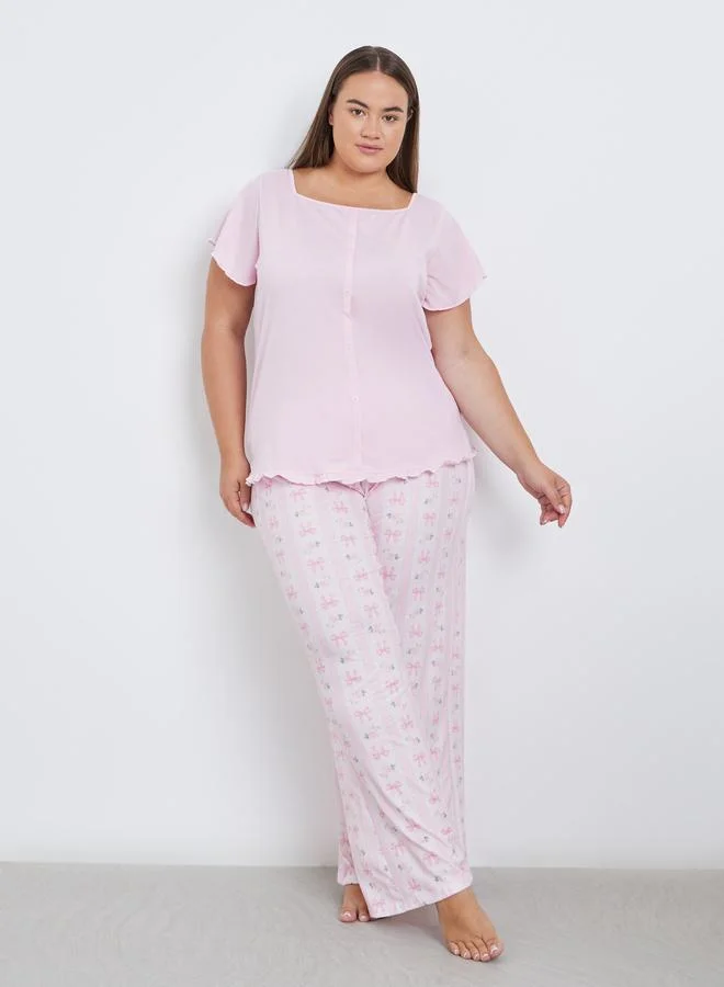 Styli Styli Plus Square Neck Lettuce Hem Top and Bow Print Pyjama Set
