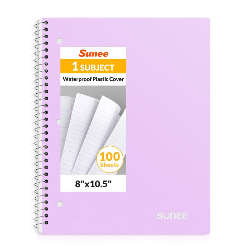 SUNEE Spiral Notebook, 1-Subject, College Ruled Paper, 8" x 10-1/2", 100 Sheets per Notebook, 3-Hole Punched Paper, Water Resistant Cover, Double-sided Pockets, Spiral Lined Notebooks for Work, Purple - Image 1