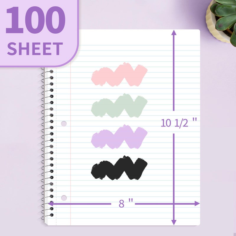 SUNEE Spiral Notebook, 1-Subject, College Ruled Paper, 8" x 10-1/2", 100 Sheets per Notebook, 3-Hole Punched Paper, Water Resistant Cover, Double-sided Pockets, Spiral Lined Notebooks for Work, Purple - Image 2