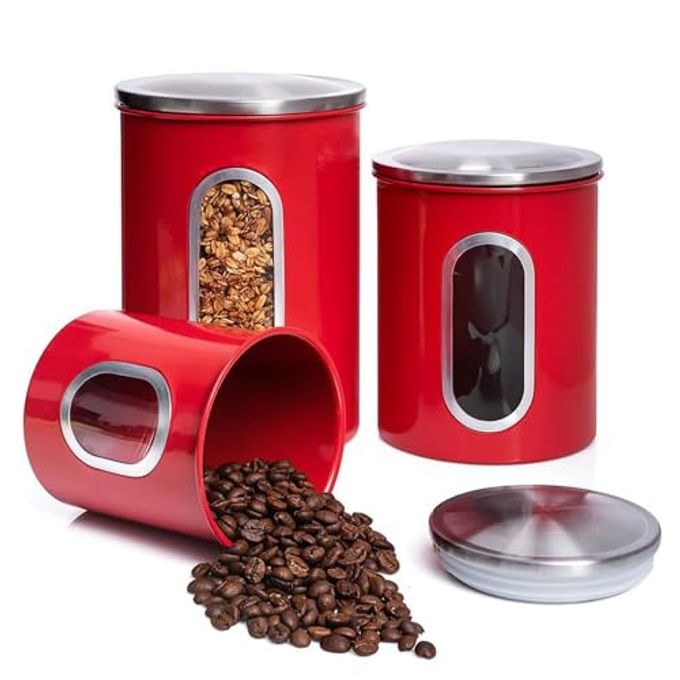 Mixpresso 3-Piece Red Canisters Sets For The Kitchen, Airtight Canister Set With See Through Window, Storage Jars for Coffee Container, Tea Organizer & Sugar Canister, Red Kitchen Canisters