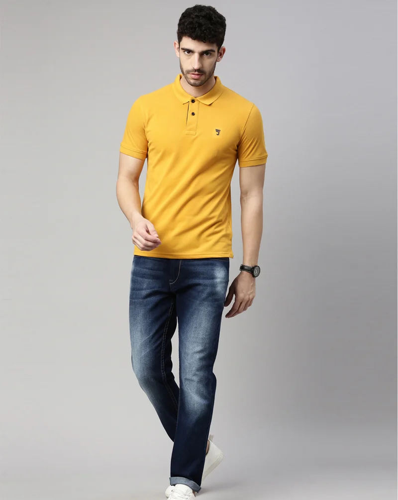 Joven Men Mustard Solid Polo Collar Pure Cotton T-Shirt
