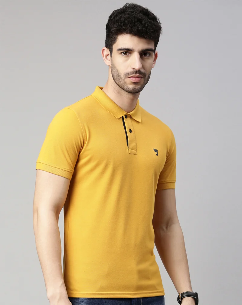 Joven Men Mustard Solid Polo Collar Pure Cotton T-Shirt