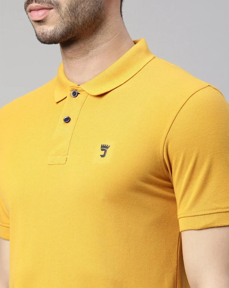 Joven Men Mustard Solid Polo Collar Pure Cotton T-Shirt