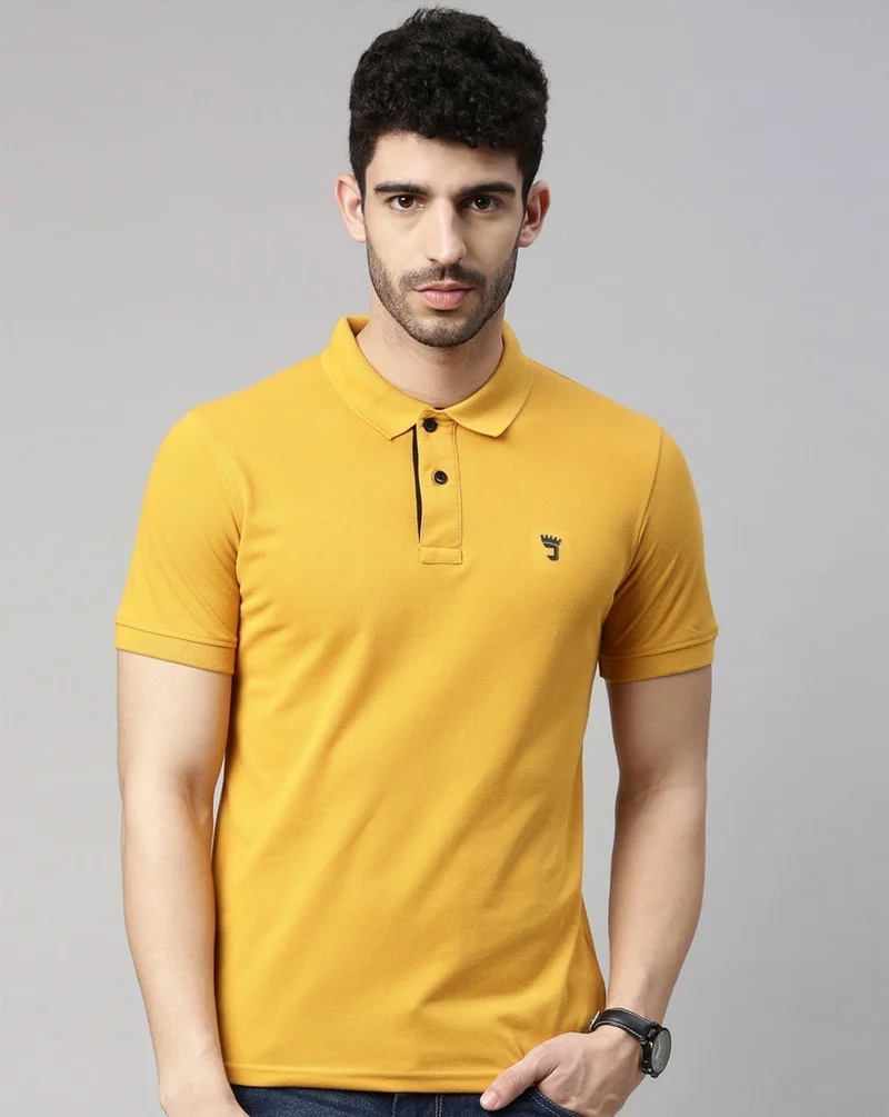 Joven Men Mustard Solid Polo Collar Pure Cotton T-Shirt