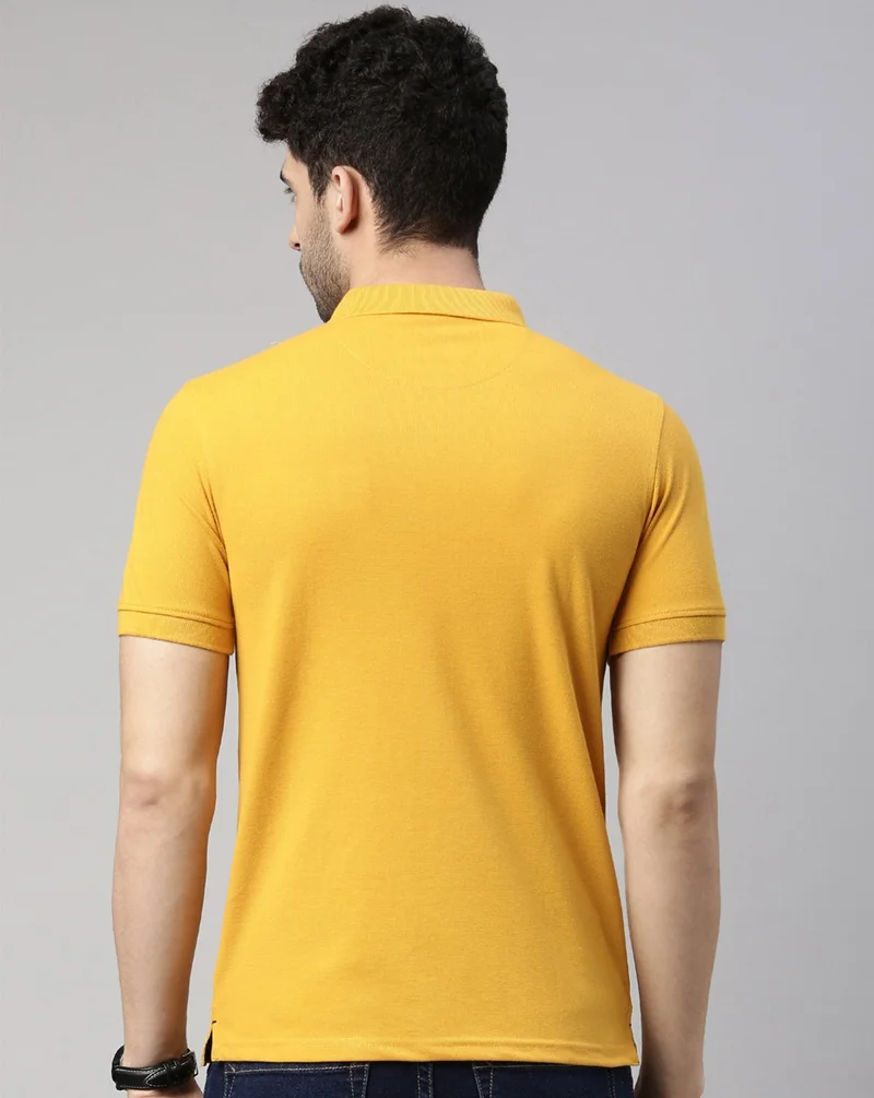 Joven Men Mustard Solid Polo Collar Pure Cotton T-Shirt