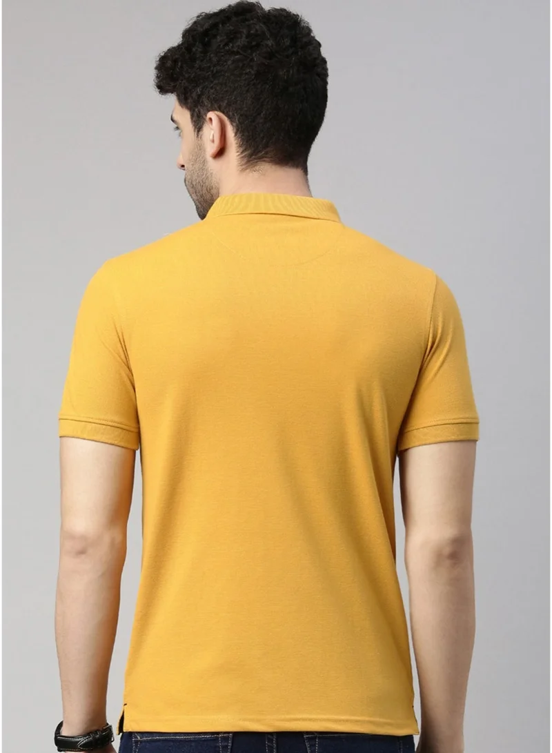 Joven Men Mustard Solid Polo Collar Pure Cotton T-Shirt