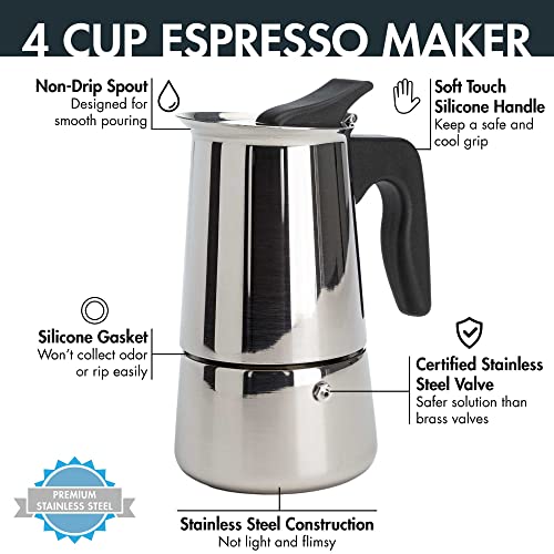 Primula Stainless Steel Stovetop Espresso Coffee Maker, 4-Cup, 3.5"D x 5"W x 7"H, Black Handle - Image 2
