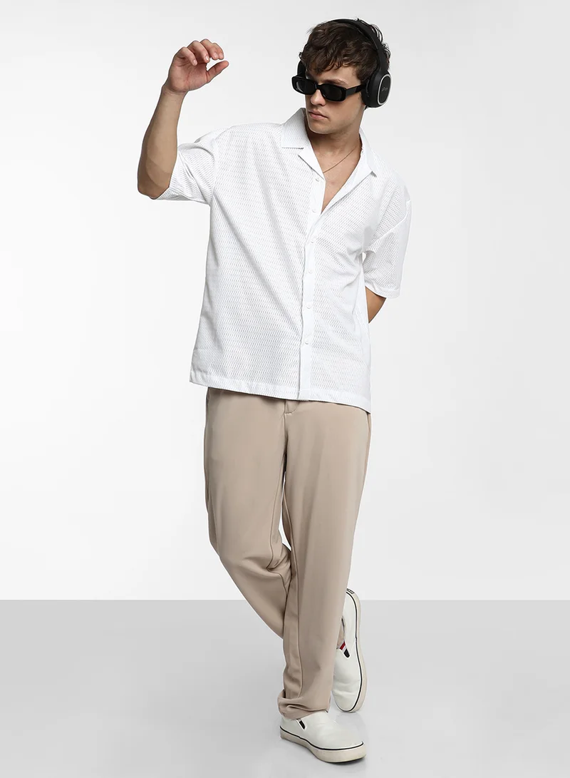 Campus Sutra Men's Chalk White Oversized Honeycomb Shirt
