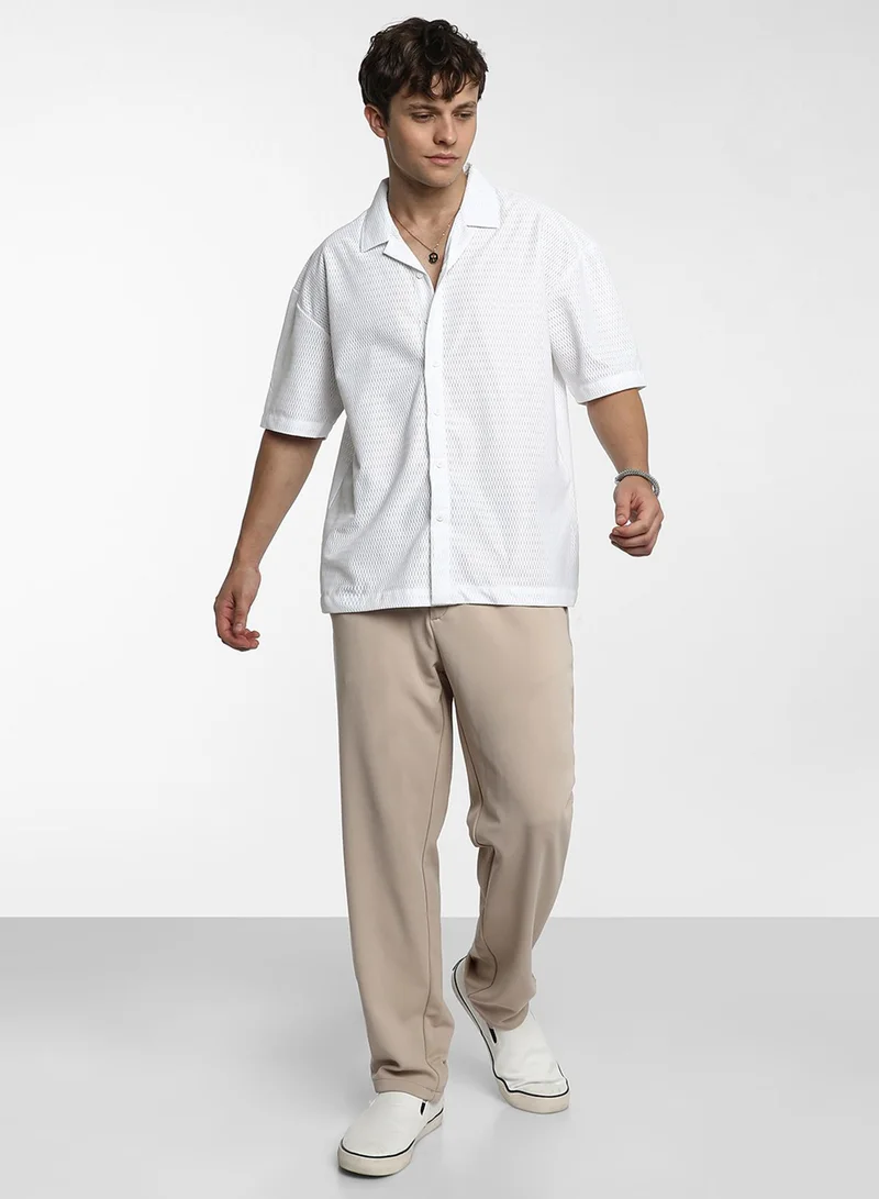 Campus Sutra Men's Chalk White Oversized Honeycomb Shirt
