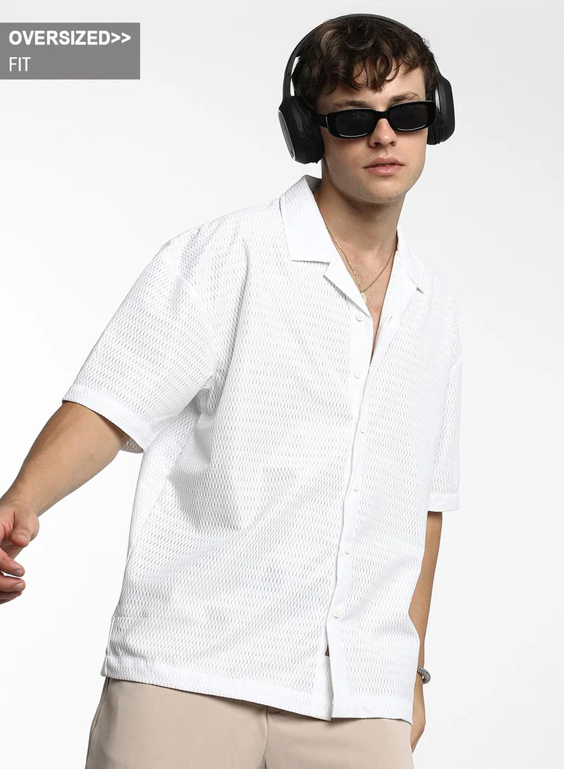 Campus Sutra Men's Chalk White Oversized Honeycomb Shirt