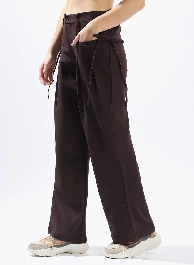 Hubberholme  Brown Wide Leg Trousers for Women Wide Leg Fit 91% Polyester 9% Spandex Button Closure for Women | Best Price UAE