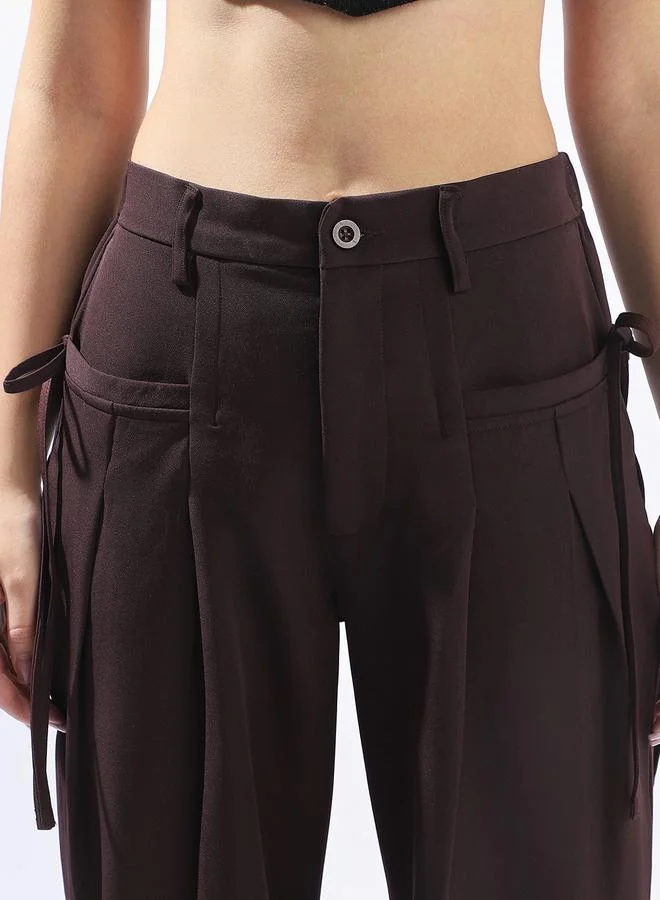 Hubberholme  Brown Wide Leg Trousers for Women Wide Leg Fit 91% Polyester 9% Spandex Button Closure for Women | Best Price UAE