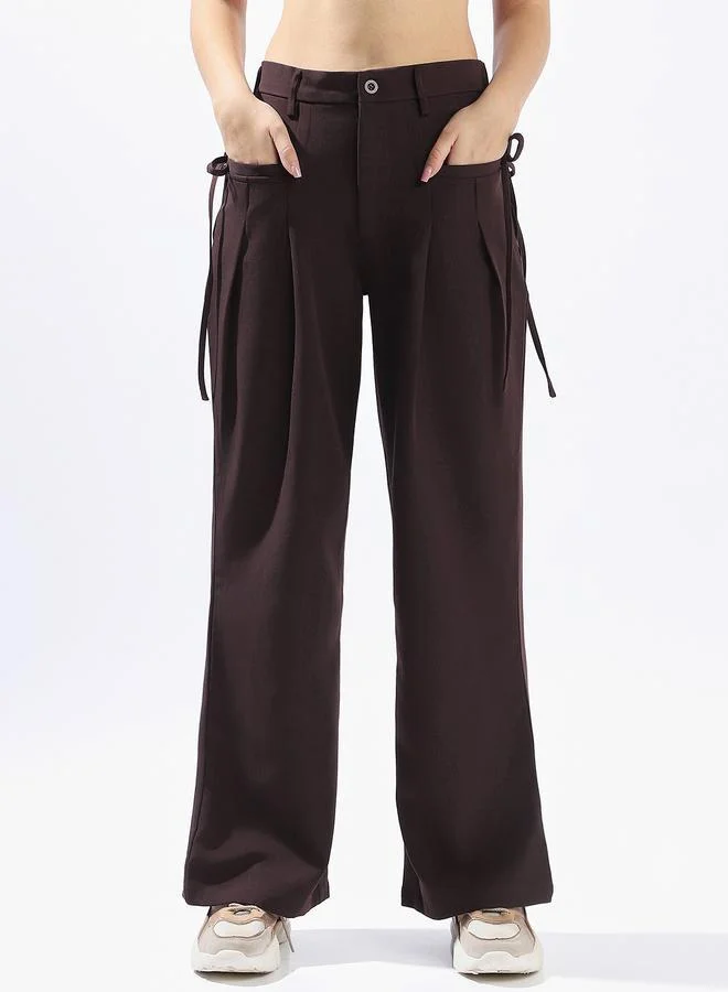 Hubberholme  Brown Wide Leg Trousers for Women Wide Leg Fit 91% Polyester 9% Spandex Button Closure for Women | Best Price UAE