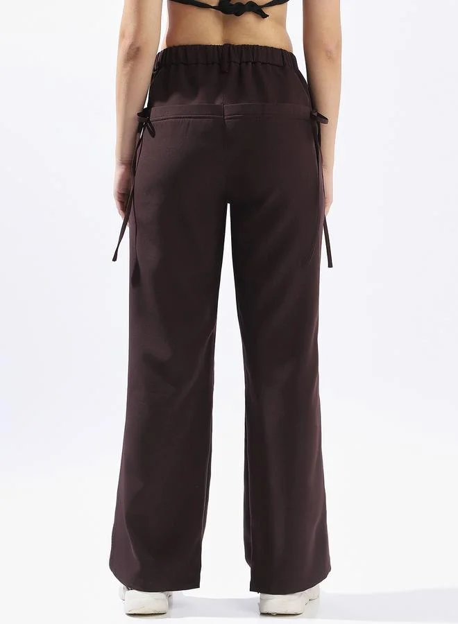 Hubberholme  Brown Wide Leg Trousers for Women Wide Leg Fit 91% Polyester 9% Spandex Button Closure for Women | Best Price UAE