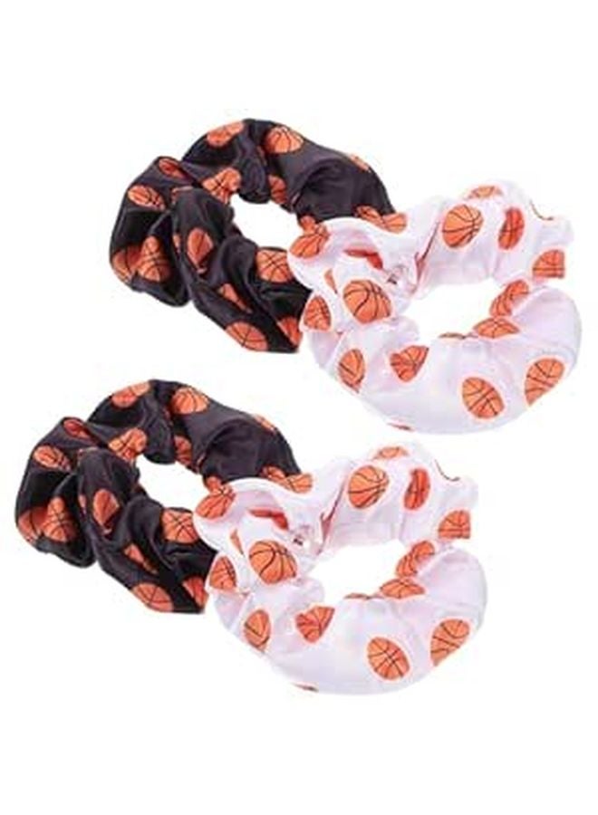Basketball Print Hair Scrunchies 4 Pack Black and White Sports Hair Ties Ponytail Holders - Image 1