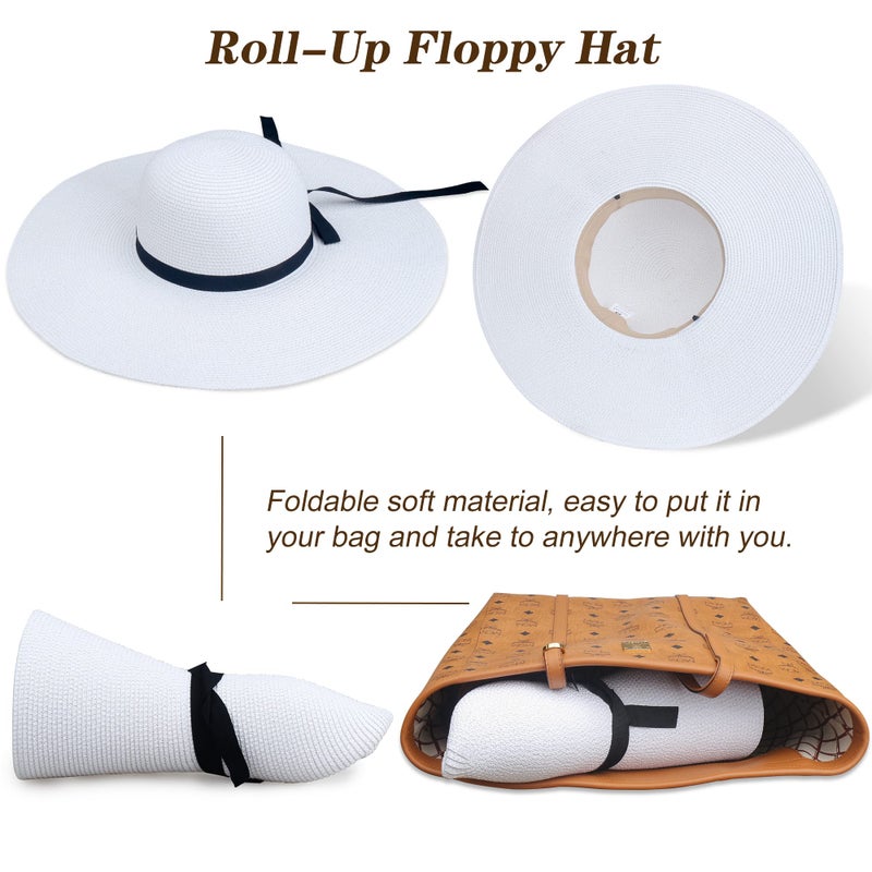 Naivlizer Women Wide Brim Sun Hat UPF50 Straw Summer Hat Floppy Beach Hat Roll-Up,Tie White - Image 4