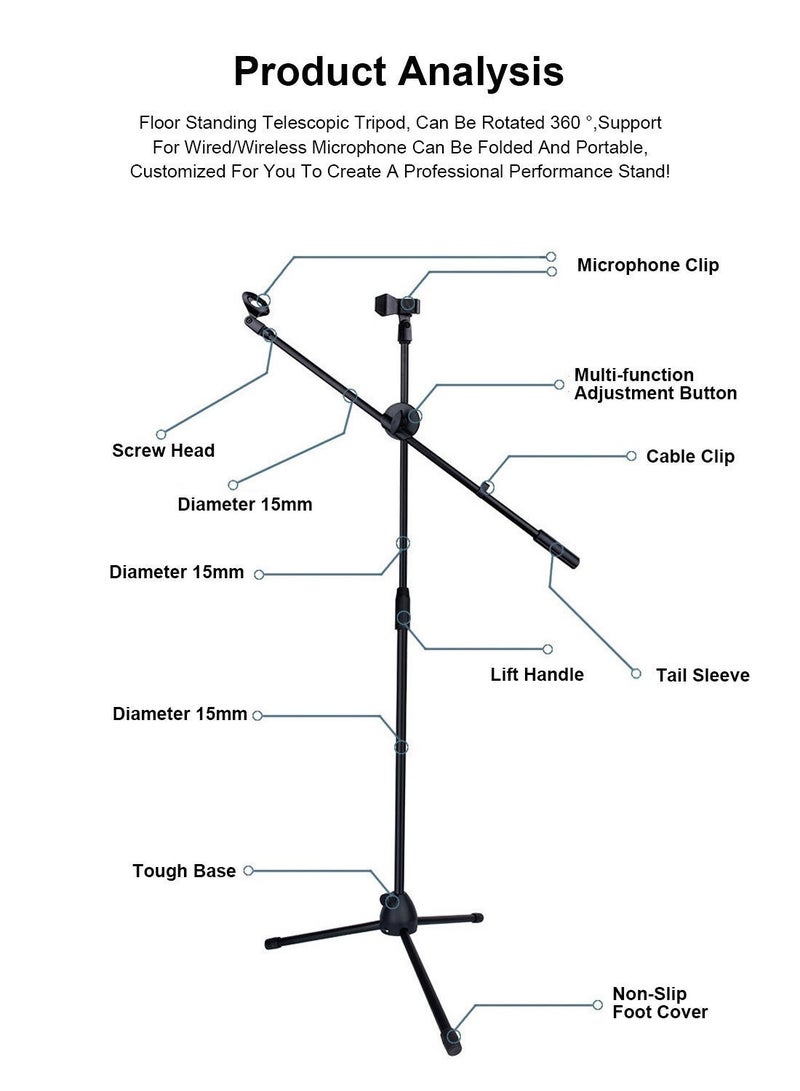 COOLHAWK Microphone Stand - Universal Adjustable Tripod Microphone Stand - Heavy Duty Lightweight Professional Compact Extendable Stage Studio Floor Standing Boom Mic Holder - Image 4