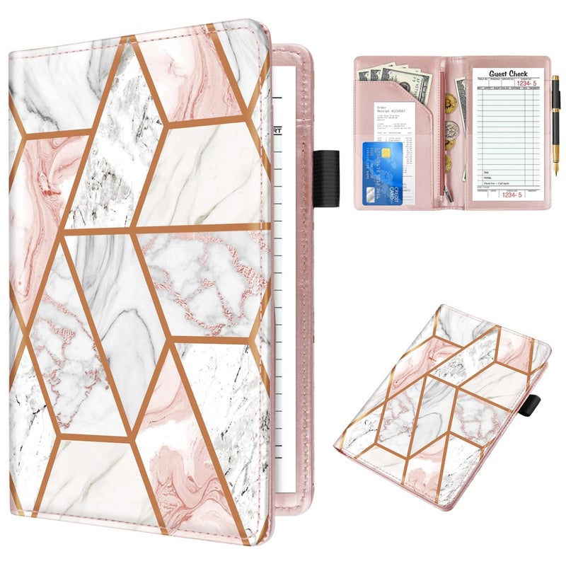 WAVEYU Cute Server Books for Waitress Waiter, Leather Guest Book Note Pad with Zipper, Money Organizer Wallet, Cash Check Bill Receipt Holder Presenter, 8x5 inch, Pink Marble - Image 1