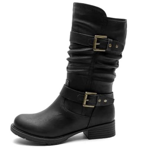 GLOBALWIN Mid-Calf Black Comfortable Fashion Dress Boots For Women Low Heel Size 8M - Image 1