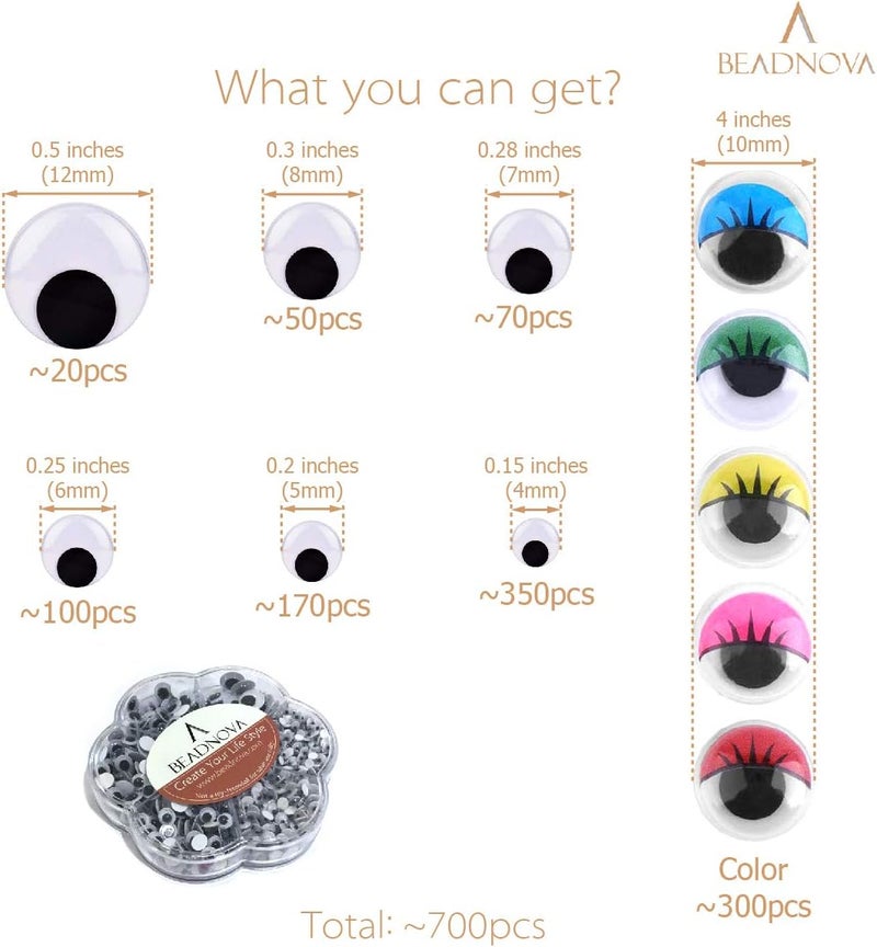 BEADNOVA Wiggle Eyes for Crafts 700pcs Self Adhesive Googly Eyes for Crafting Sticky Wiggly for DIY Craft Scrapbooking 700pcs MulticolorsAssorted Sizes - Image 2