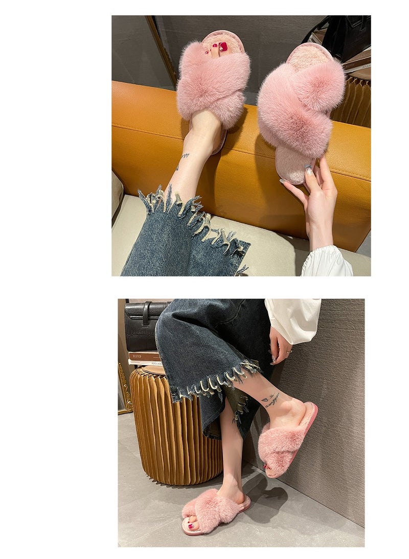 شباشب غرفة نوم كروس نسائية من فرو الأرنب المقلد الدافئ الناعم المسطح من الأسفل باللون الوردي - Image 1