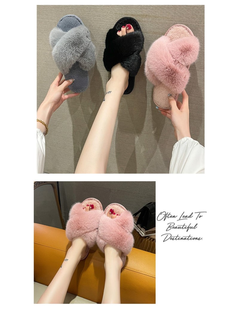 شباشب غرفة نوم كروس نسائية من فرو الأرنب المقلد الدافئ الناعم المسطح من الأسفل باللون الوردي - Image 2