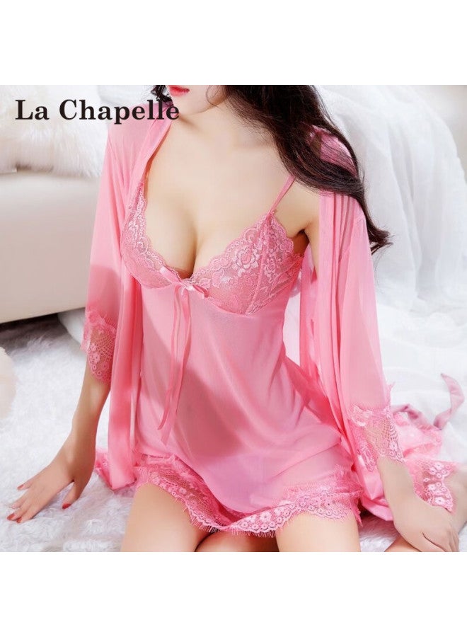 LA CHAPELLE لا شابيل للنساء - قميص داخلي شفاف من الدانتيل برقبة على شكل V مع شبكة شفافة، مجموعة من ثلاث قطع تشمل قميص نوم وعباءة - Image 3