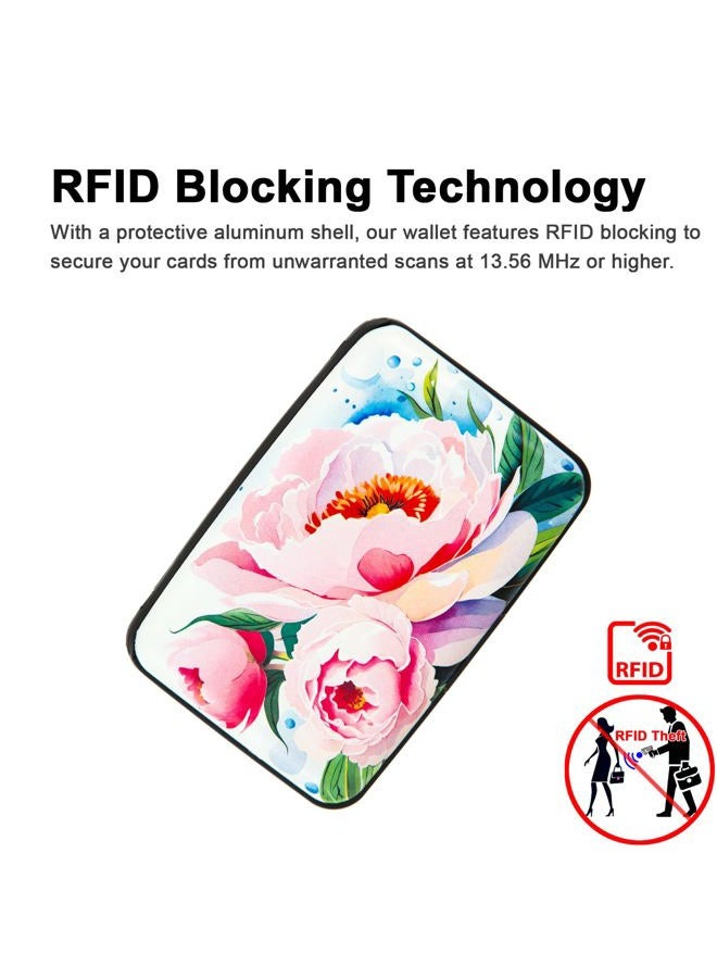 Kaabao Credit Card Holder Small RFID Blocking Wallet Business Metal Slim Mini Aluminum Hard Case for Women Men, Watercolor Pretty Peonies Flower, small, Minimalist, Compact, American - Image 2