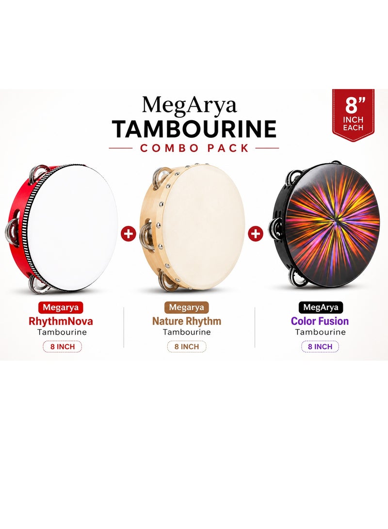 Megarya 8 Inch Tambourine Combo Pack (3-Piece Set) – RhythmNova + Nature Rhythm + Color Fusion | Handheld Percussion Instrument for Kids, Adults, Schools, Church, Music Classes & Performances - Image 1