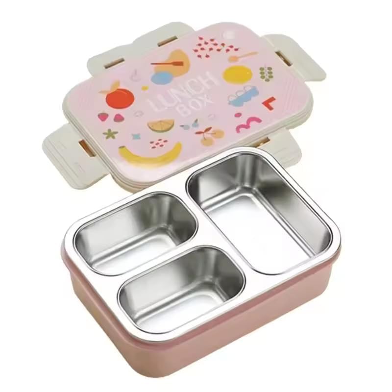 MEDALLIX Stainless Steel Lunch Box | 3-Compartment Bento Box, Leak-Proof & BPA-Free | Eco-Friendly Meal Prep Container for Adults & Kids | Durable & Portable Tiffin Box (Pink), 850 milliliters - Image 1