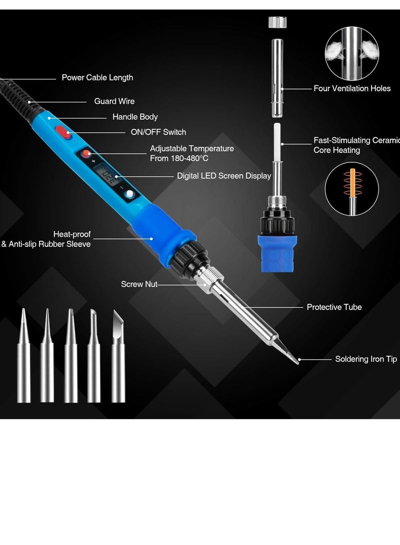 Soldering Iron Kit, Electronics 80W Adjustable Temperature Iron, 5pcs Tips, Solder, Rosin, Solder Wick, Stand and Other Kits in Portable Toolbox - Image 2