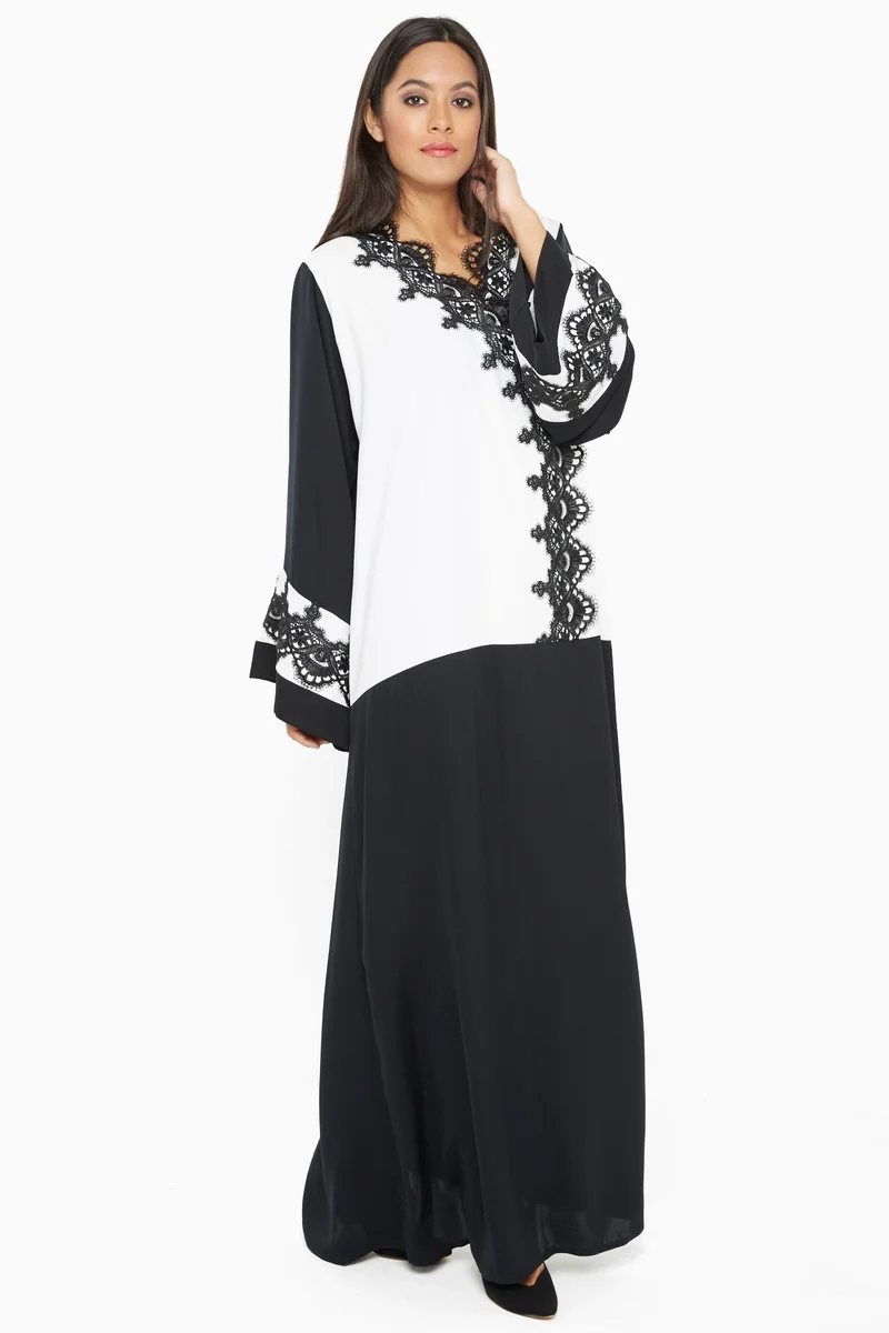 النخبة Black and white abaya-AJ350A