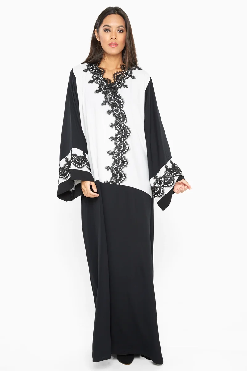 النخبة Black and white abaya-AJ350A
