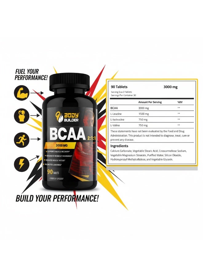 بودي بيلدر أقراص BCAA، 3000 مجم، 90 قرصًا، تدعم تعافي العضلات - Image 3