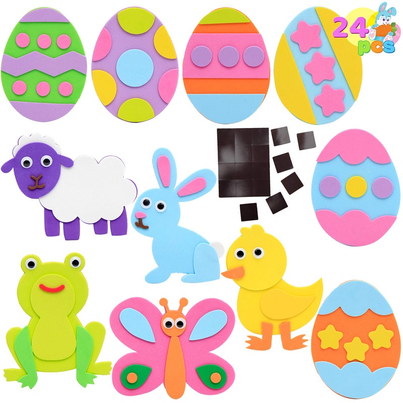 JOYIN 24 Pcs Foam Easter Animals and Egg Magnet Craft Kit, DIY Foam Magnet Craft Kits for Kids Party Favors Arts and Crafts Fun Home Activities, Easter Egg Hunt - Image 1