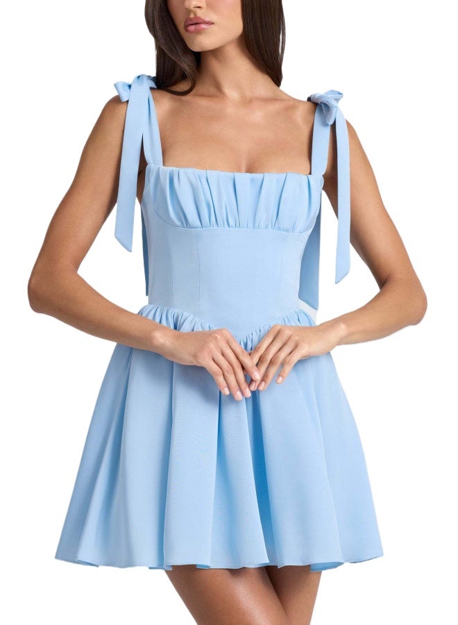 Women's Fashion Square Collar High Waist Pleated Patchwork Bow Sling Dress - Image 1