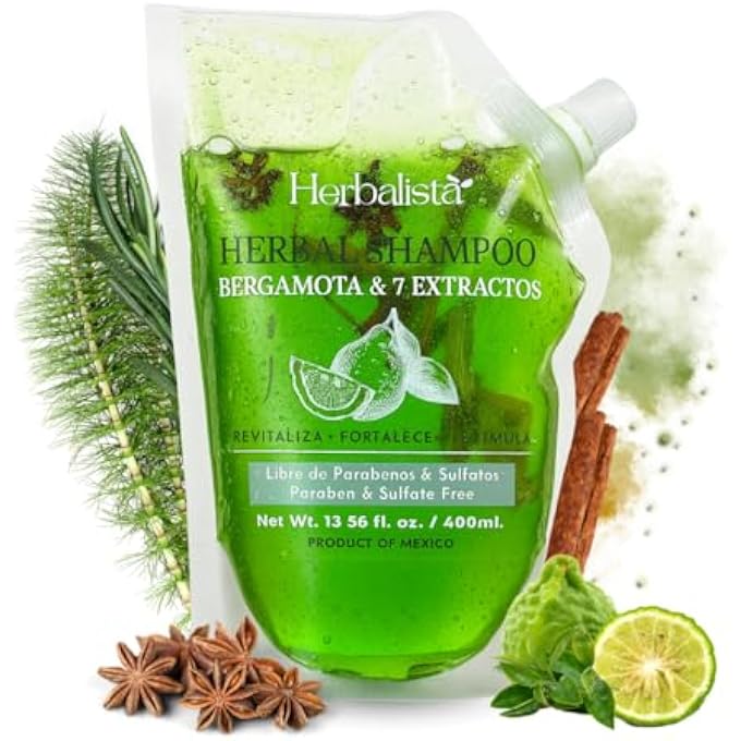 HERBALISTA - Viral Bergamot Herbal Shampoo Pouch 400ml (13.5 fl oz) â€“ Shampoo de Bergamota With 7 Extracts: Rosemary, Ginger, Anise, Green Tea, Horsetail & Cinnamon.