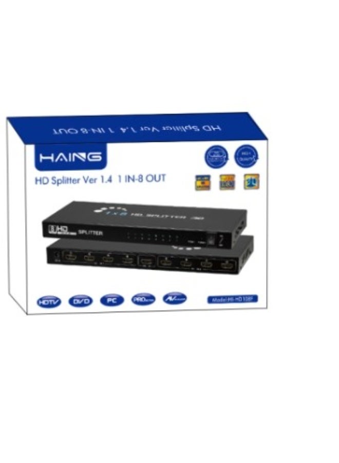 Haing 1x8 موزع HDMI مزود بالطاقة 8 منافذ لدعم دقة Full HD 1080P و 3D 4K - Image 1