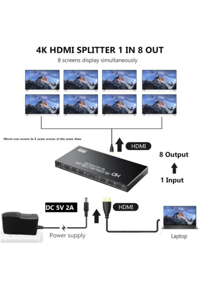 Haing 1x8 موزع HDMI مزود بالطاقة 8 منافذ لدعم دقة Full HD 1080P و 3D 4K - Image 3