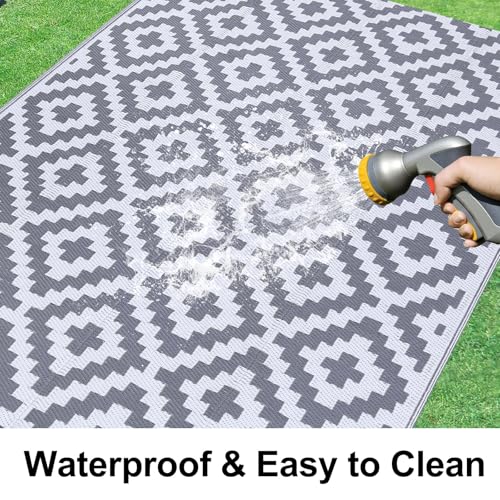 Smiry Waterproof Outdoor Rug 5x8 ft, Reversible Plastic Straw Patio Camping Rugs, Outdoor Indoor RV Mat Carpet for Patio, Outside Entry, Backyard, Deck, Bench, Picnic, Camper, White & Grey - Image 2