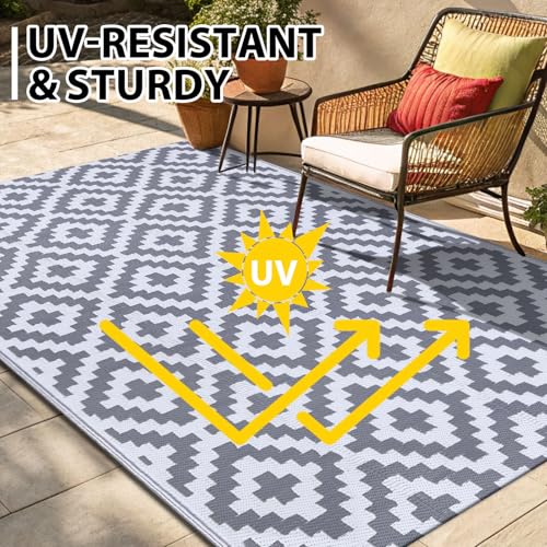 Smiry Waterproof Outdoor Rug 5x8 ft, Reversible Plastic Straw Patio Camping Rugs, Outdoor Indoor RV Mat Carpet for Patio, Outside Entry, Backyard, Deck, Bench, Picnic, Camper, White & Grey - Image 4