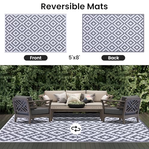 Smiry Waterproof Outdoor Rug 5x8 ft, Reversible Plastic Straw Patio Camping Rugs, Outdoor Indoor RV Mat Carpet for Patio, Outside Entry, Backyard, Deck, Bench, Picnic, Camper, White & Grey - Image 3