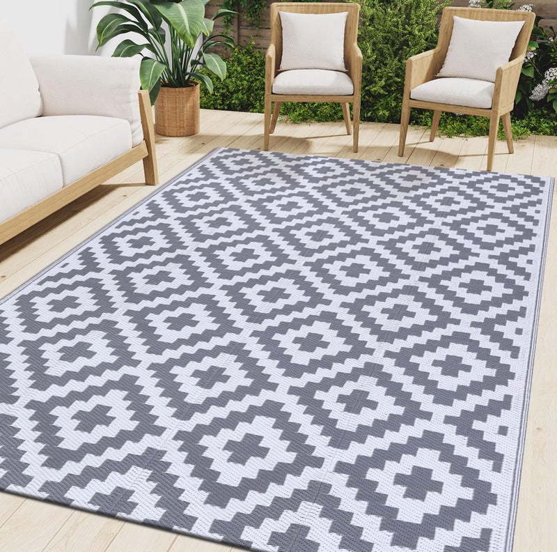 Smiry Waterproof Outdoor Rug 5x8 ft, Reversible Plastic Straw Patio Camping Rugs, Outdoor Indoor RV Mat Carpet for Patio, Outside Entry, Backyard, Deck, Bench, Picnic, Camper, White & Grey - Image 1