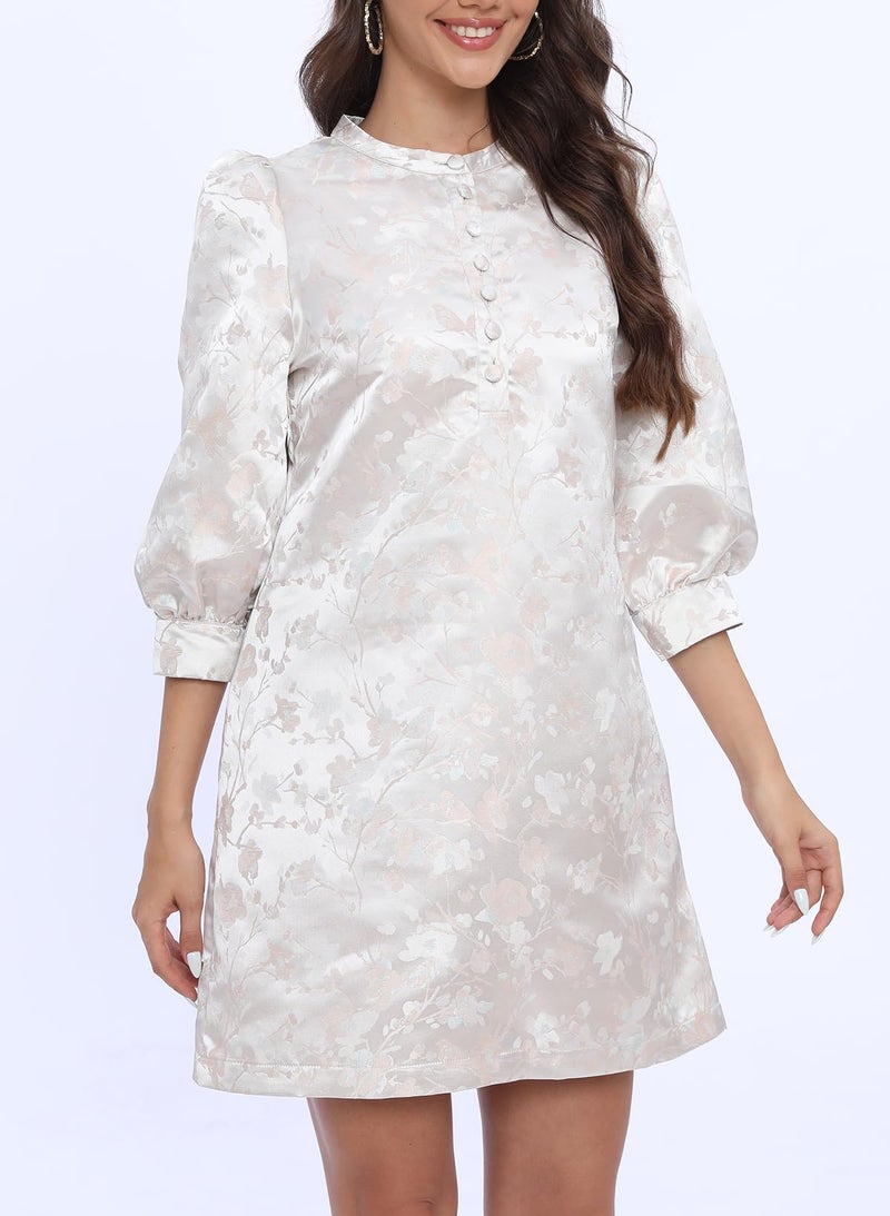Ladyful Women's Floral Jacquard Shift Dress 2026 Long Puff Sleeve Button Up Elegant Cocktail Party Mini Dress Light Pink - Image 2