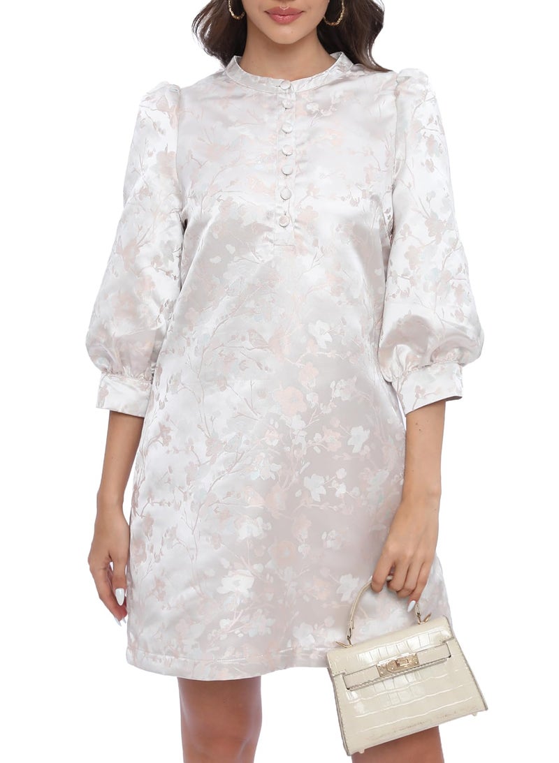 Ladyful Women's Floral Jacquard Shift Dress 2026 Long Puff Sleeve Button Up Elegant Cocktail Party Mini Dress Light Pink - Image 1