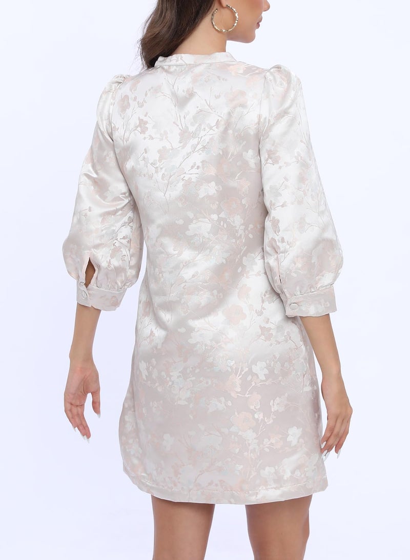 Ladyful Women's Floral Jacquard Shift Dress 2026 Long Puff Sleeve Button Up Elegant Cocktail Party Mini Dress Light Pink - Image 4