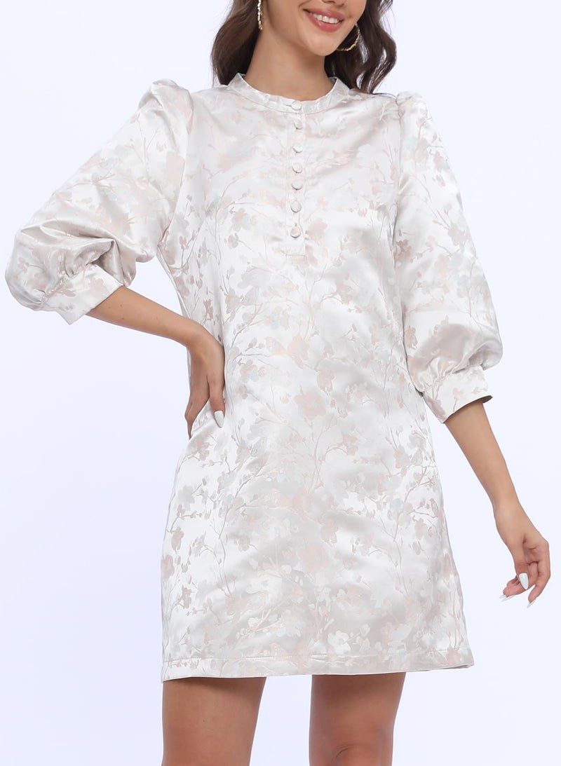 Ladyful Women's Floral Jacquard Shift Dress 2026 Long Puff Sleeve Button Up Elegant Cocktail Party Mini Dress Light Pink - Image 5