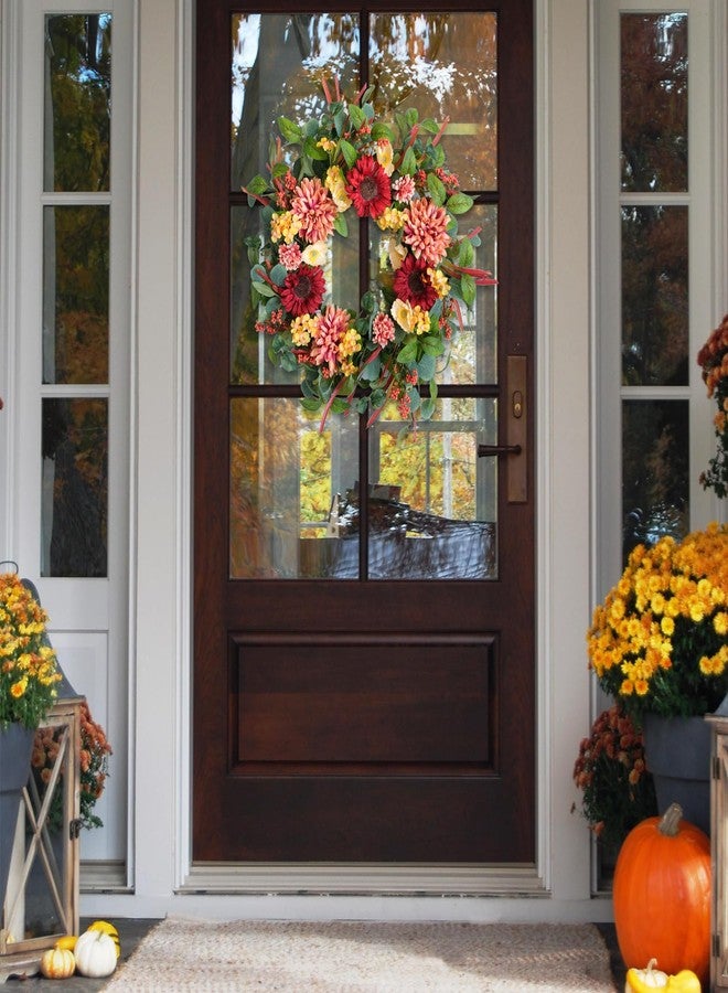 TEMPUS 24 Inch Artificial Fall Wreath with Sunflowers and Dahlias - Handcrafted Harvest Wreath for Front Door, Indoor Wall Decor, Thanksgiving Decoration - Image 5